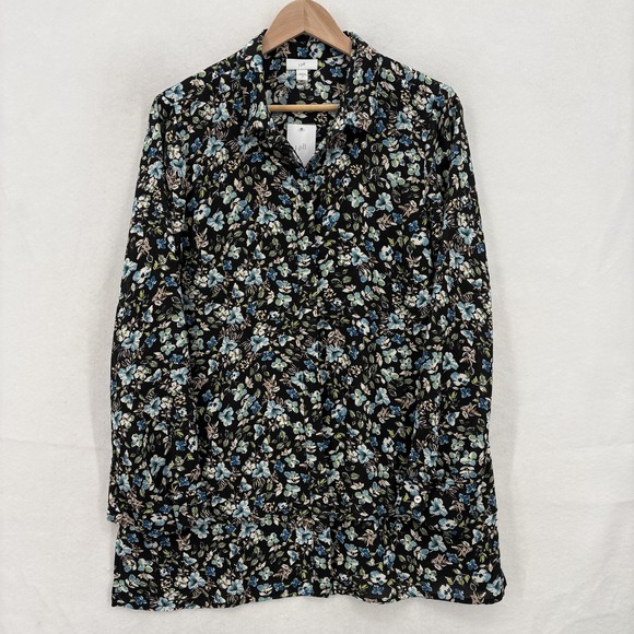 J. Jill Tops - J Jill Tunic Top Womens Medium Black Floral Button Front Long Sleeve Shirt NWT